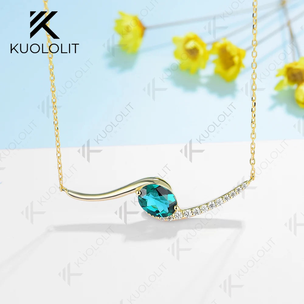 Kuololit 1.5CT Lab Grown Emerald Necklace for Women Solid 10K 14K 18K 925Sliver Moissanite Oval Pendant for Engagement Christmas
