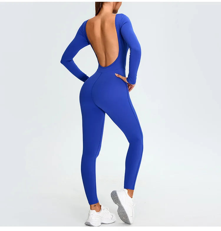 New Summer Sexy V Back Gym Sports Jumpsuit Yoga Clothes Rompers Women Long Sleeveles Workout Bodysuits Backless One-piece Suit