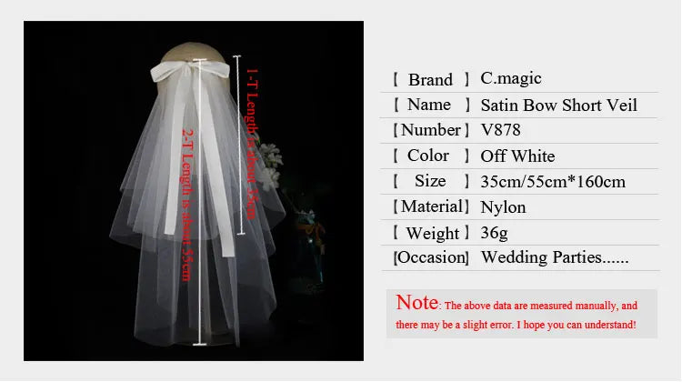 LA003 Bridal Veil Two-Layer Plain Tulle Satin Bow Handmade White Short Headdress Veil for Wedding Dress