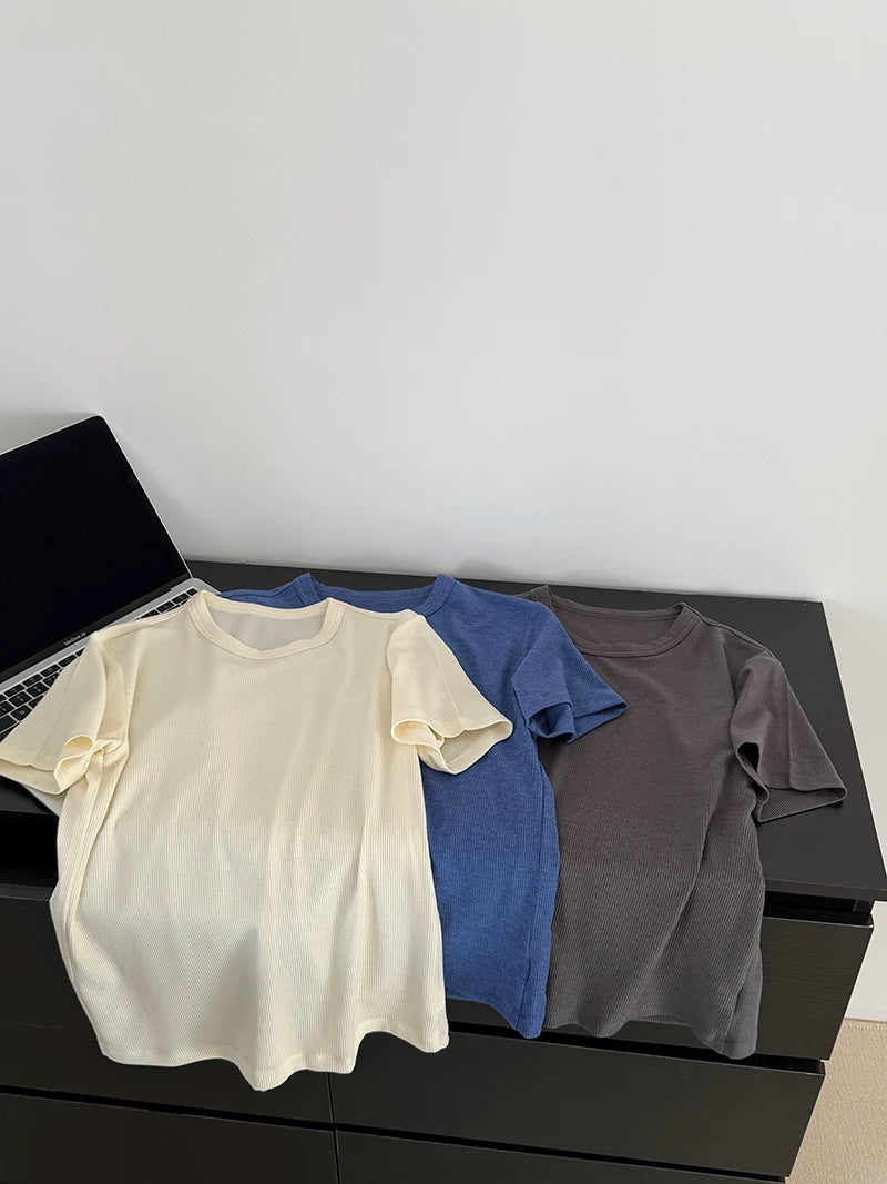 RZIV Summer women's casual solid color round neck short sleeved T-shirt