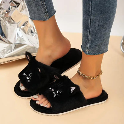 Casual Fluffy Slippers Women Home Flat Cat Cartoon Luxury Designer Shoes Girls Autumn Elegant Indoor Fashion Footwear Large Size