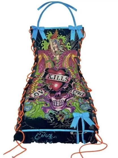 Halter Printed Y2k Line Up Wacky Contrast Dress Women Gothic Party Sexy Hollow Bandage Halloween Makeup Dresses Outwear LX61