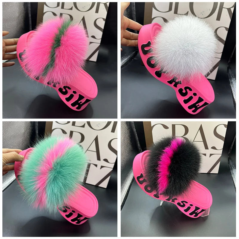Real Fox Fur Slippers for Woman Luxury 2025 Slippers Summer Woman Sandals Thick Sole Pink Fur Slippers Fluffy Slides for Woman