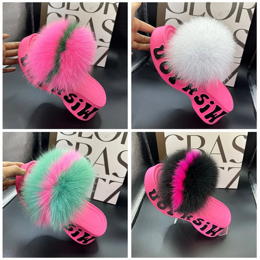 Real Fox Fur Slippers for Woman Luxury 2025 Slippers Summer Woman Sandals Thick Sole Pink Fur Slippers Fluffy Slides for Woman