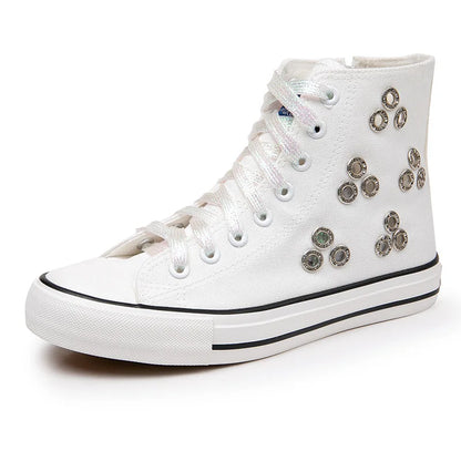 Breathable Hollow Canvas Short Boots Summer Women Black Casual Shoes Punk Rivet Flat Bottomed Shoes 2CM Woman High top Sneakers
