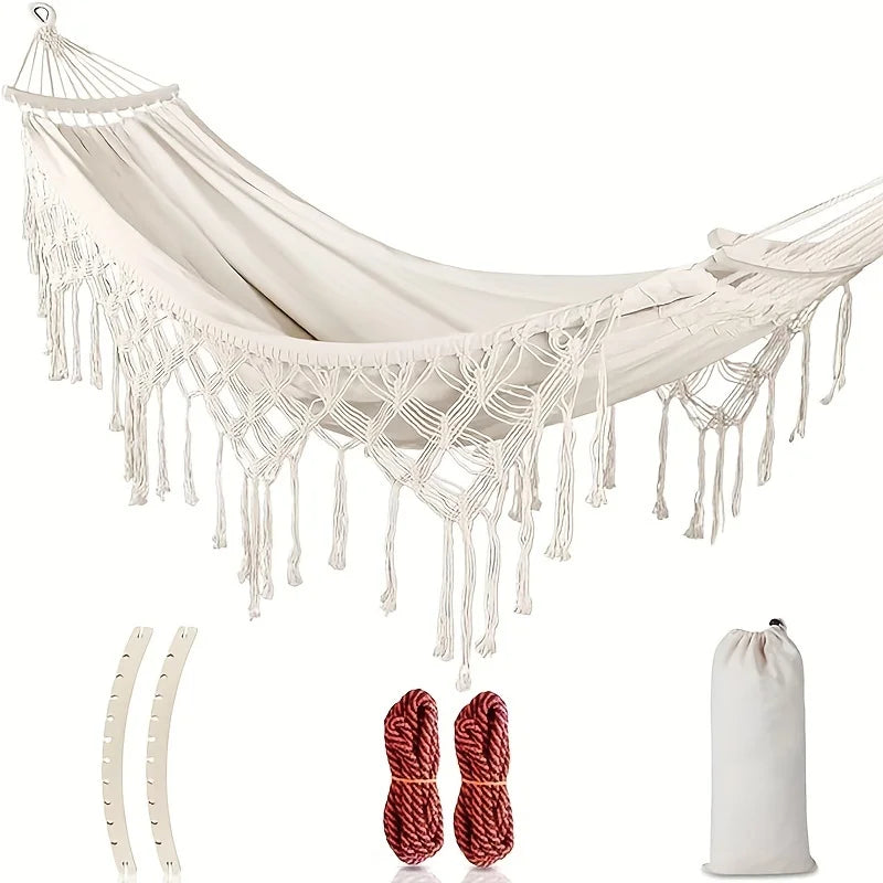 Bohemian Double Hammock for 2 Person, Red White Striped Pattern with Tassels, Heavy Duty Rope Outdoor Hammock with Carry Bag