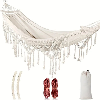 Bohemian Double Hammock for 2 Person, Red White Striped Pattern with Tassels, Heavy Duty Rope Outdoor Hammock with Carry Bag