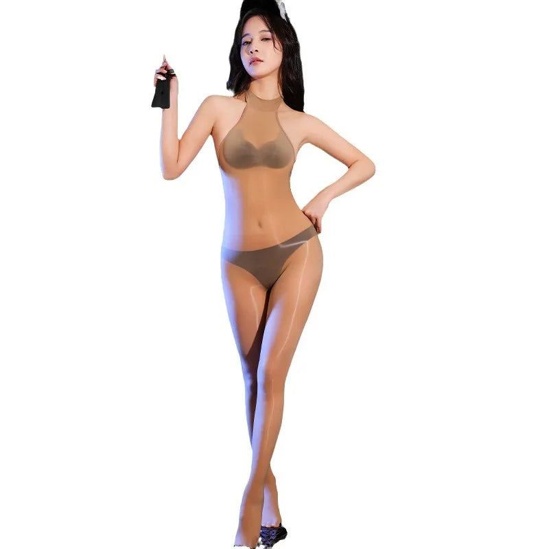 Sexy Cosplay Maid Tights Oil Glossy Elastic Bodysuit Rompers 5D Stain Oil Glossy Shiny Silky Tight  Jumpsuit Candy Color Leotard