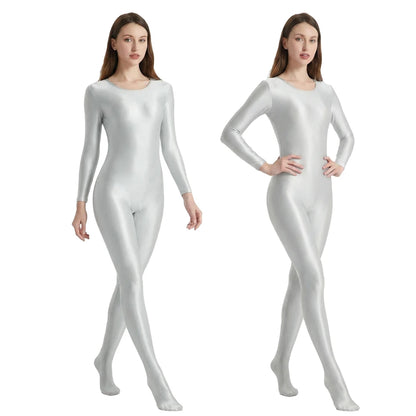 Women's Smooth Glossy High-Elastic Round Neck One Piece Catsuit Long Sleeve Zentai Jumpsuits Cosplay Performance Tights Bodysuit