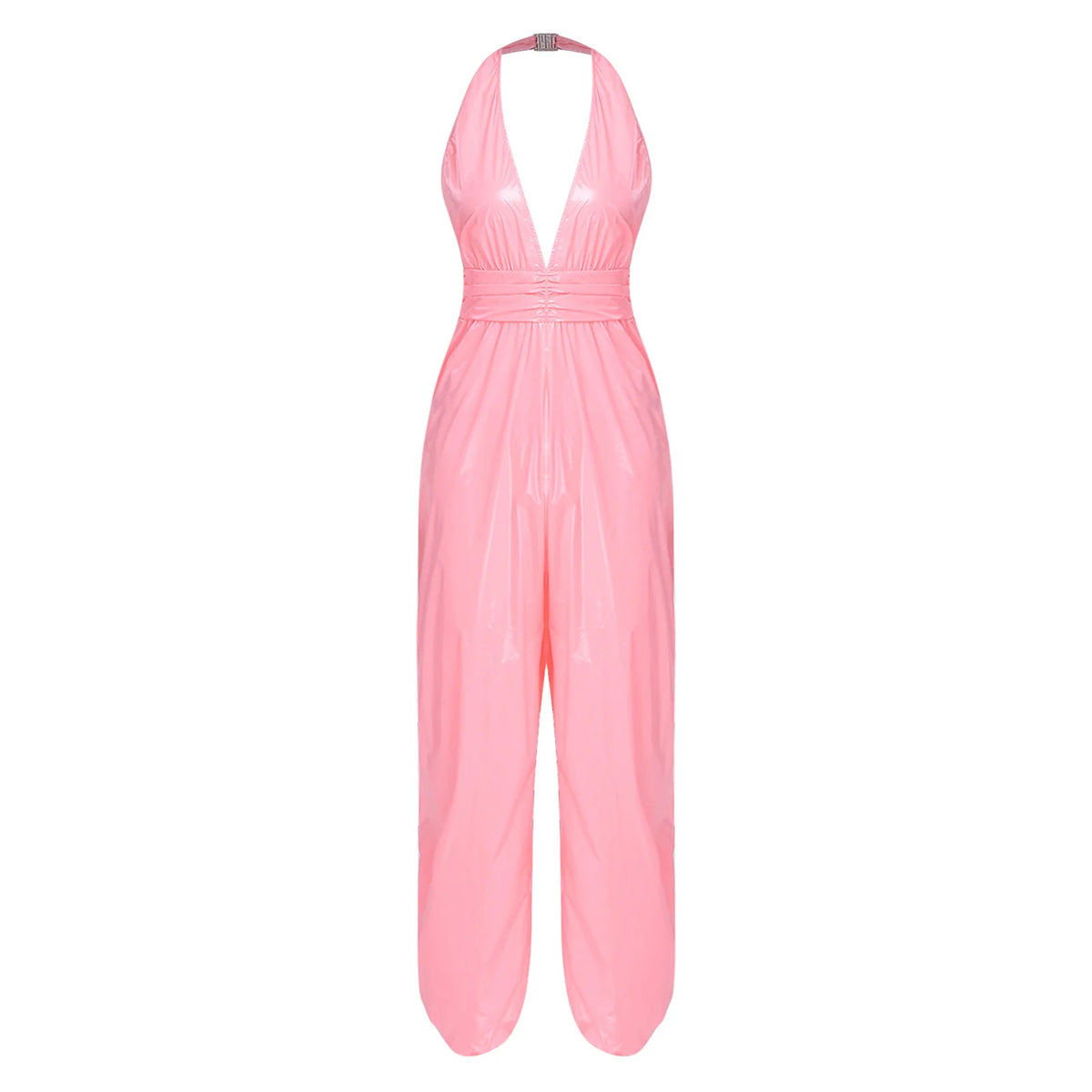 Womens Ruched Waist Back Invisible Zipper Side Split Bodysuit Glossy Water Resistant Rompers Halter Backless Jumpsuit Clubwear