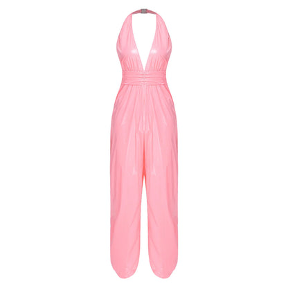 Womens Ruched Waist Back Invisible Zipper Side Split Bodysuit Glossy Water Resistant Rompers Halter Backless Jumpsuit Clubwear