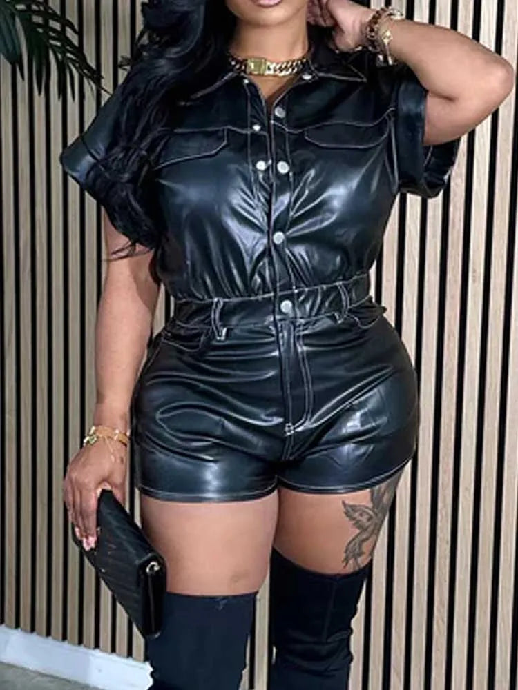 Youthful Woman Clothes Elastic Waist Summer Jumpsuits Leather Sexy Casual Jumpsuits and Rompers Shorts Wholesale Dropshipping