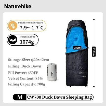 Naturehike CW700 Envelope Duck Down Sleeping Bag Winter Warm 650FP Down Sleeping Bag Camping Hiking Ultralight Sleeping Bag for Men & Women
