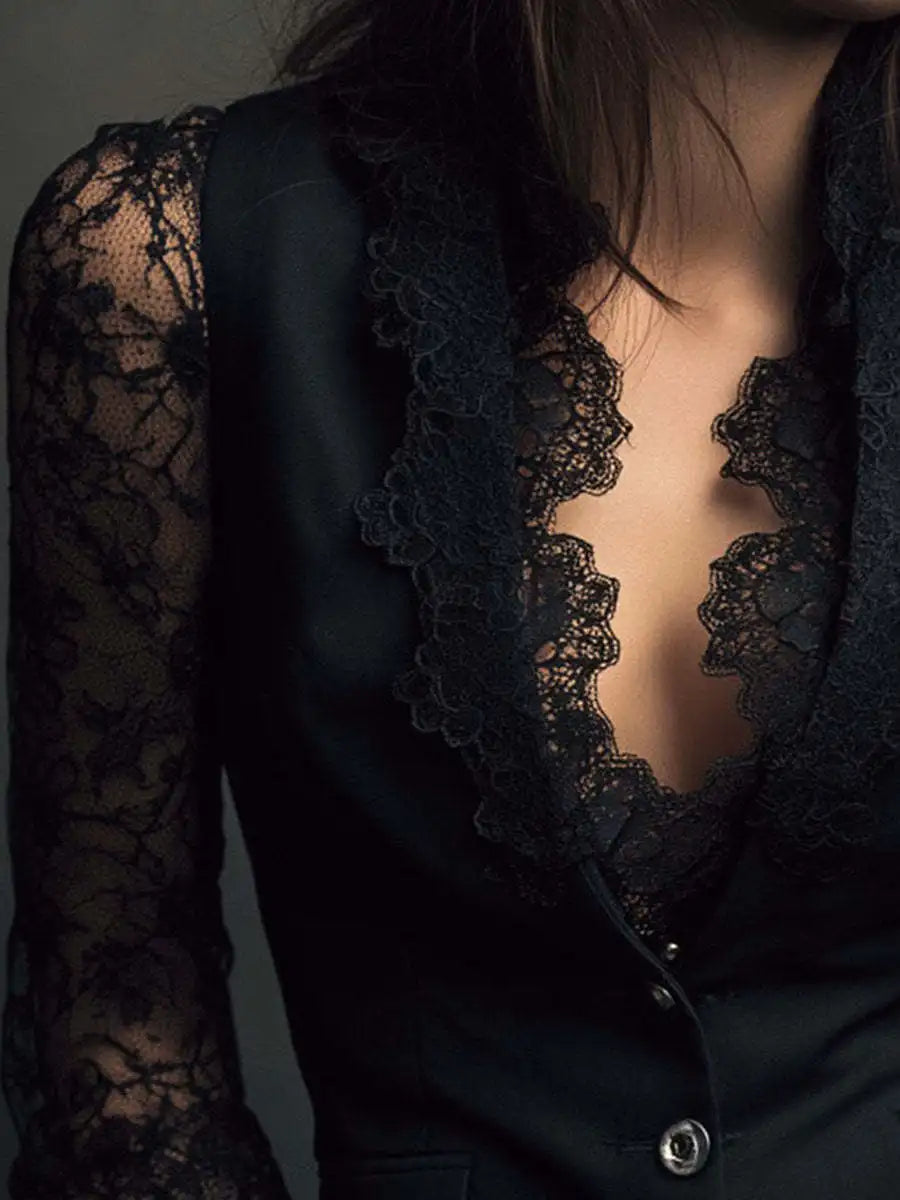 Elegant Sexy V Neck Lace Patchwork Women's Shirt Top See Through Long Sleeve Trendy Hollow out Single Button Slim Tops Blazer