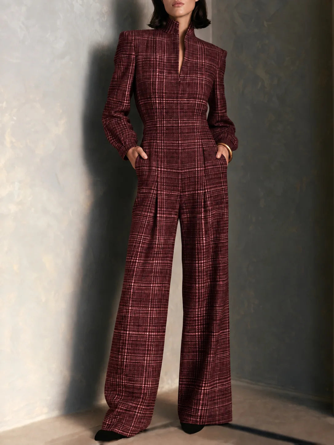 Temperament Plaid Printed Jumpsuit For Women Spring Autumn Fashion High Waist Wide Leg Romper Ladies Casual Jumpsuit With Pocket