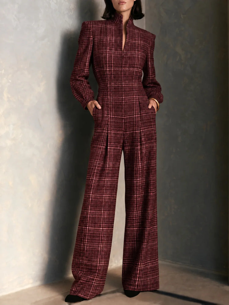 Temperament Plaid Printed Jumpsuit For Women Spring Autumn Fashion High Waist Wide Leg Romper Ladies Casual Jumpsuit With Pocket