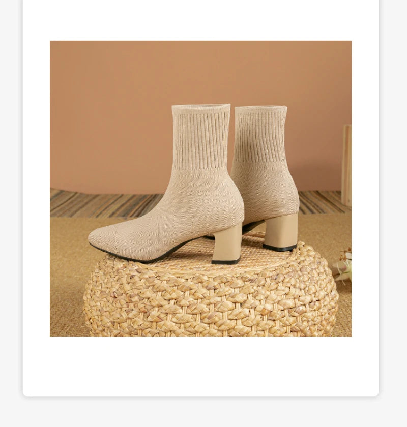 Black Square Toe Knit Sock Boots Elastic Slim Thick Block Heel High Heels Short Boots Fashion Autumn Casual Skinny Ankle Boots