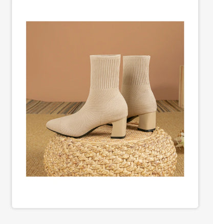Black Square Toe Knit Sock Boots Elastic Slim Thick Block Heel High Heels Short Boots Fashion Autumn Casual Skinny Ankle Boots