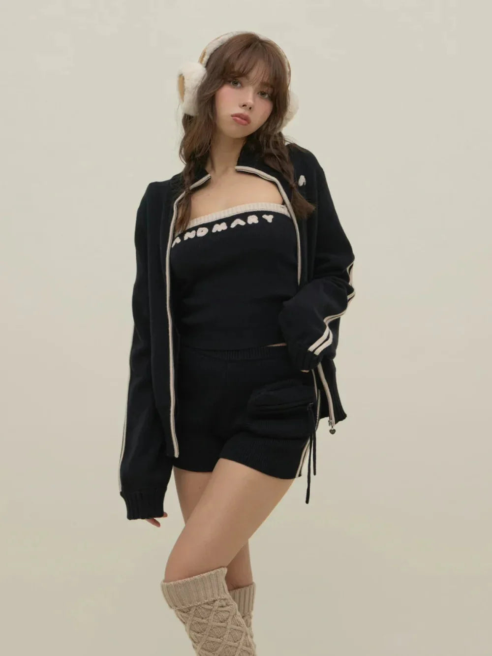 Japanese Spring Autumn 3-piece Set Sweet Striped Zipper Cardigan Tube Top High Waist Shorts Set Y2K Street Style Casual Wear