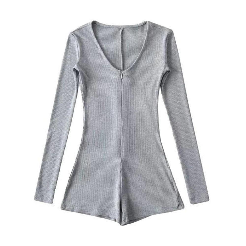 Womens Yoga Long Sleeve Jumpsuits Slim Fit Stretch One Piece Shorts Playsuits Romper Sexy Fitness Low Neck Zipper Sportwear