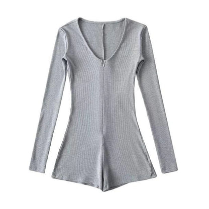 Womens Yoga Long Sleeve Jumpsuits Slim Fit Stretch One Piece Shorts Playsuits Romper Sexy Fitness Low Neck Zipper Sportwear
