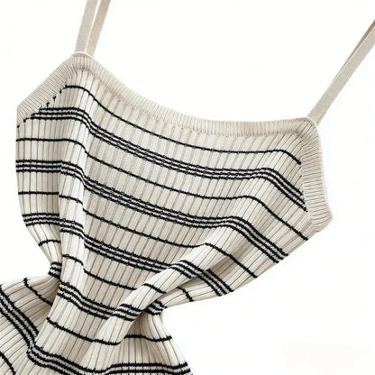 Women's Black White Striped Spaghetti Strap Sundress Elastic Ribbed Knit Bodycon Mini Dress Casual Summer Sexy Party Dress