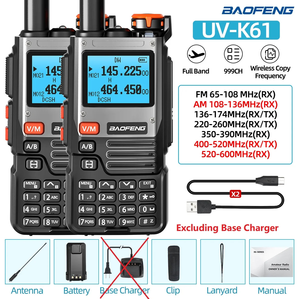 1/2PCS Baofeng UV-K61 Walkie Talkie Multi Band Wireless Copy Frequency 999CH Type-C AM DTMF NOAA UV-5R UV 5RH K6 K5(8) Ham Radio