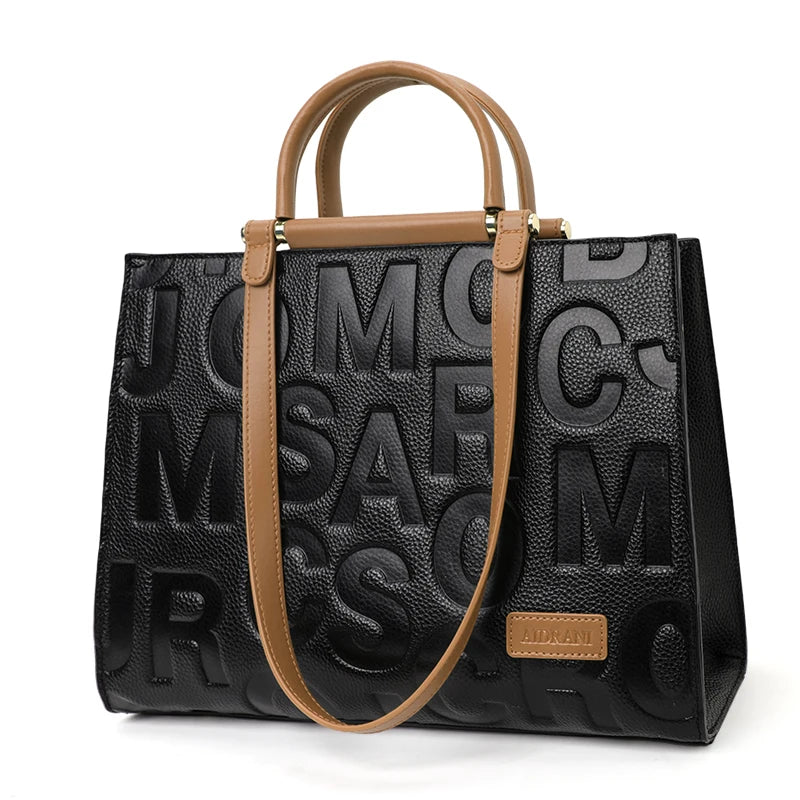 2026 New Large Capacity Contrast Letter Printed Women's Handbag High end Cowhide Mom's Bag