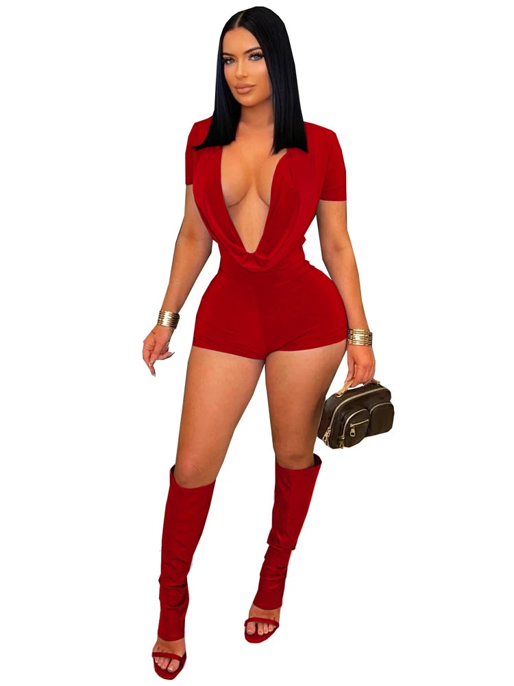2026 Spring New Ruched Deep V Bodycon One Piece Rompers Women Short Sleeve Slim Jumpsuits Sexy Baddest Solid Color Overalls