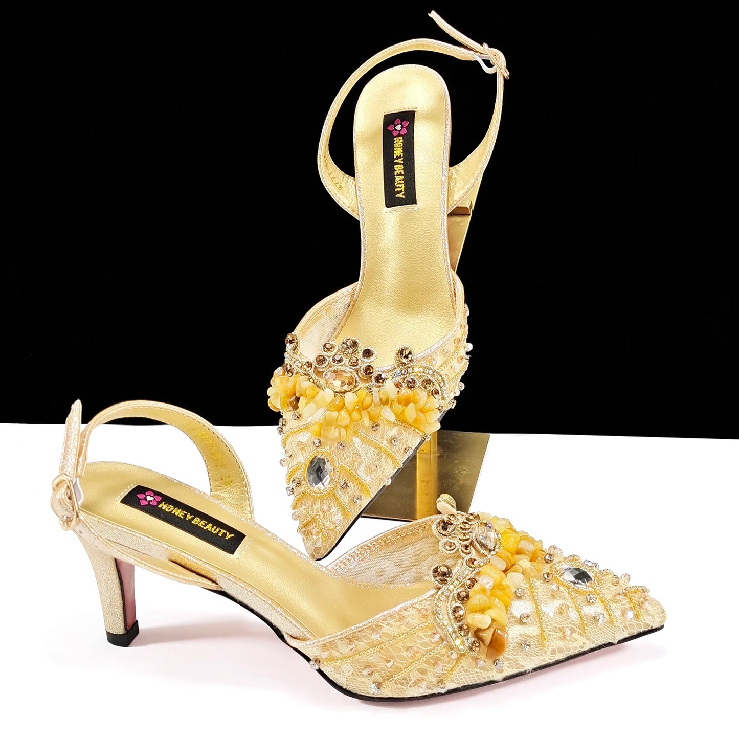 Queena Yan Elegant Mature Style Colorful Rhinestone Decoration Design Gold Party Wedding Pointed Toe Lady High Heels and Bag Set