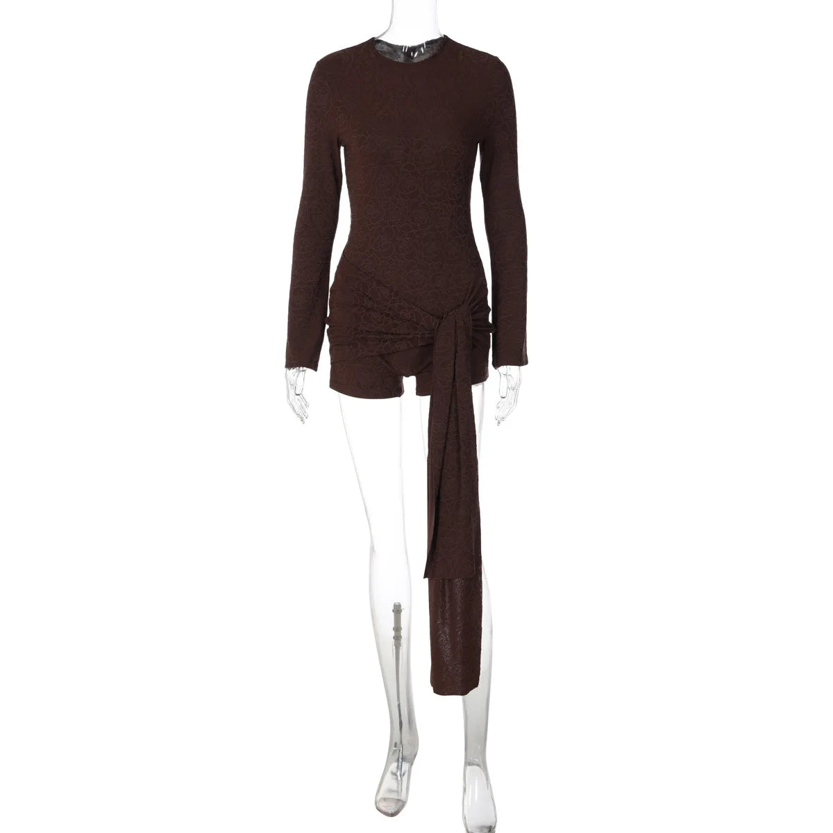 Typhaland Jacquard Sexy Slim Playsuit with Ribbon Lace Up High Waist Short Jumpsuits Long Sleeve Elegant Female Clothes Autumn