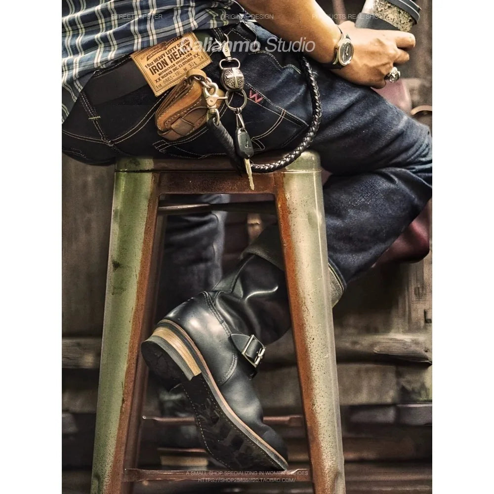 Men's Genuine Leather Engineer Boots Black Metal Buckle Strap Knight Boots Trendy Round Toe Mid-calf Motorcycle Boots