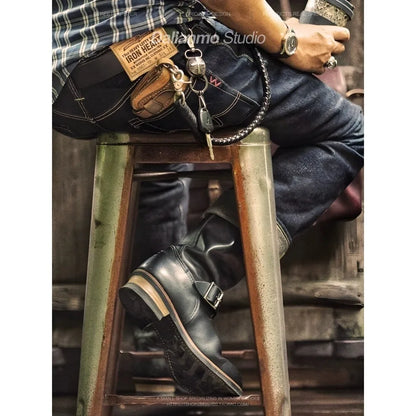 Men's Genuine Leather Engineer Boots Black Metal Buckle Strap Knight Boots Trendy Round Toe Mid-calf Motorcycle Boots