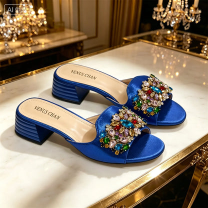 Women Luxury Multicolor Rhinestone Blue Heel Mules Black Satin Open Toe Slip On Sandals Elegant Wedding Evening Party Designer