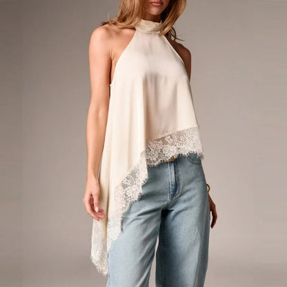 Women Y2k Mock Neck Halter Top Satin Lace Asymmetrical Hem Tank Tops Sleeveless Elegant Going Out Crop Tops