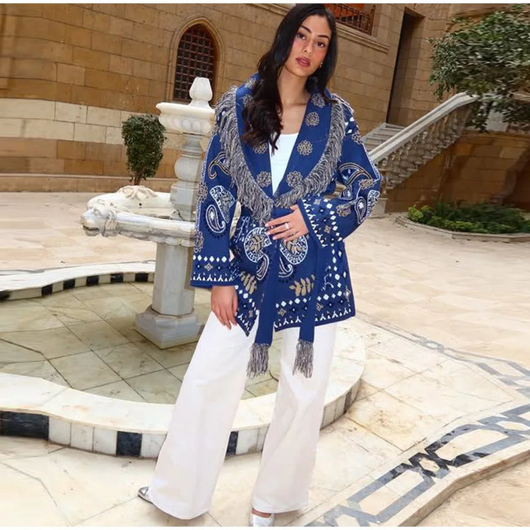 Gem Print Knit Tassel Cardigan Lapel Tie Loose Long Sleeve 2026 Autumn Chic Women Boho Street Daily Fashion Ladies Knitwear
