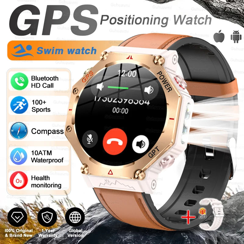 New Military Real GPS Smart Watch Men 10ATM IP69K Waterproof Swim Sports Watches Flashlight Bluetooth Call AMOLED HD Smartwatch