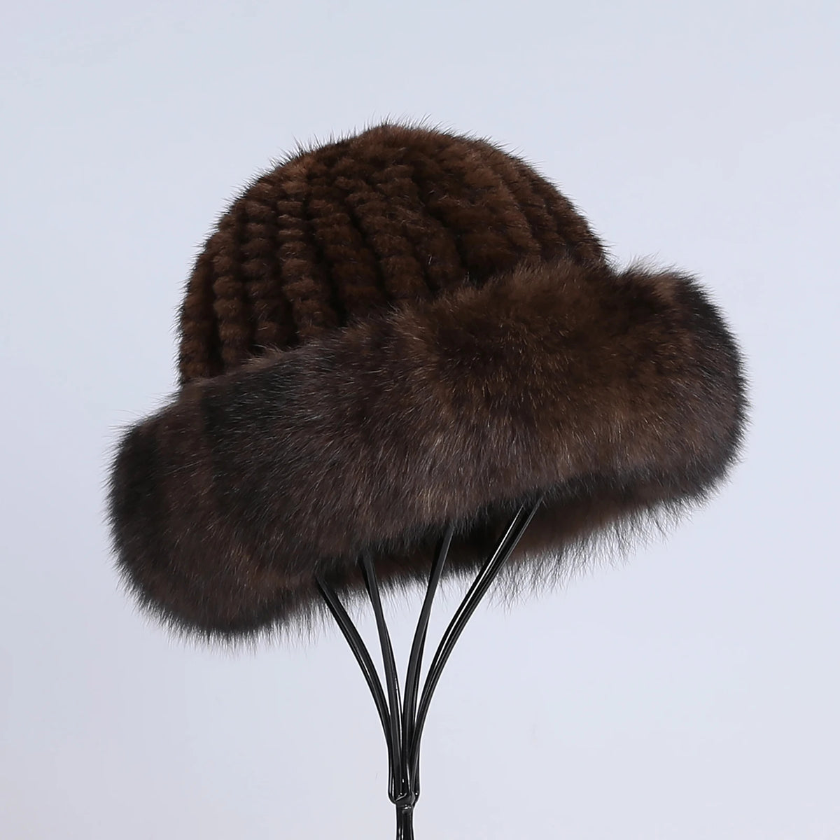 Women's Winter Warm Genuine Premuim Mink Fur Knitted Bucket Hat Furry Real Fur Caps Big Fox Fur Trim Brim Adjustable