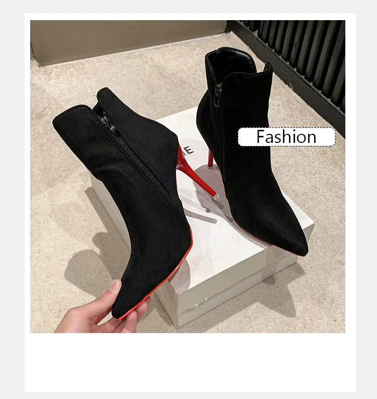 Aphixta 10cm Stilettos Winter Red Heels Zip Warm Black Ankle Boots Women Flock Footwear Shoes Women Super Big Size 47 48 49 50