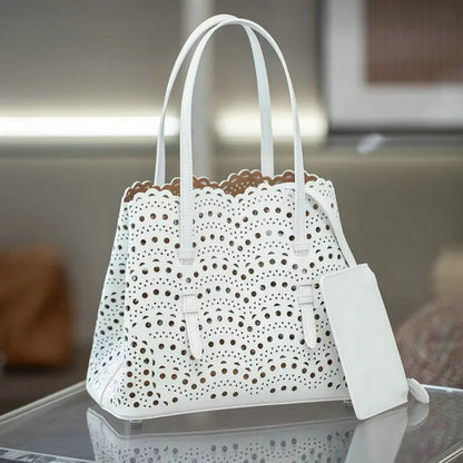 Brand Designer Luxury High Quality Mini Cowhide Shoulder Handbags 2025 Hollow Fashion Large Capacity Genuine Leather Bucket Bag