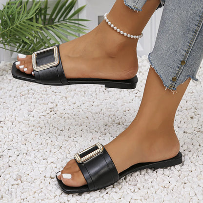 Women's Flat Slippers Summer Leather Square Toe Women Flats Flip Flops Designer Ladies Slides Sandals Women Shoes Luxury Sandals