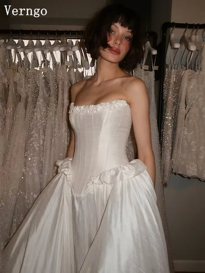 Verngo Modern Satin Wedding Dress Strapless Pleated Simple Bridal Gowns Women Classy Sweep Train Bride Dresses Customized