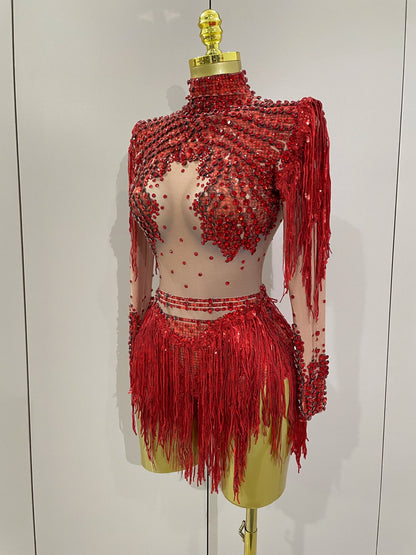 Sparkly Rhinestone Sequin Tassel Stretch Bodysuits 2025 New Arrival Women Birthday Party Nightclub Dj Stage Performance Costume