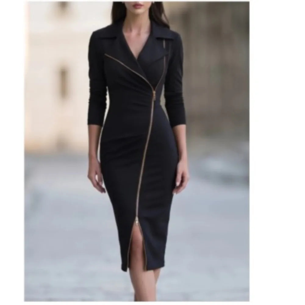 Elegant Women's Notched Lapel Bodycon Dresses Long Sleeve Gold Edge Zipper Front Split Midi Pencil Dress Formal Work OfficeSkirt