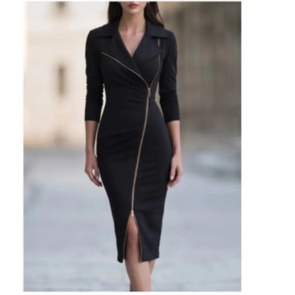 Elegant Women's Notched Lapel Bodycon Dresses Long Sleeve Gold Edge Zipper Front Split Midi Pencil Dress Formal Work OfficeSkirt