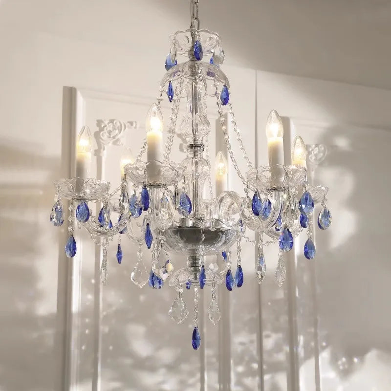 French Blue Romantic Crysatl Chandeliers Light Luxury Glass Living Room Art Decor Candle Pendant Lights Lighting Bedroom Lamps