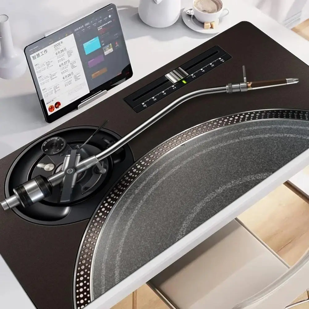 Retro Vinyl Turntable DJ Design Extended Mouse Pad Non‑Slip Rubber Base Tech Style Large Gaming Desk Table Play Mat PC Laptop