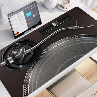 Retro Vinyl Turntable DJ Design Extended Mouse Pad Non‑Slip Rubber Base Tech Style Large Gaming Desk Table Play Mat PC Laptop