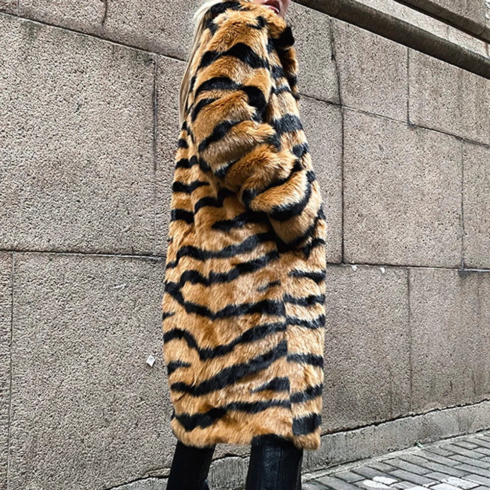 2026 Winter Plus Size Faux Fur Long Coat Women Tiger Long Sleeve Fluffy Jacket Ladies Large Thick Warm Furry Cardigan Outwear