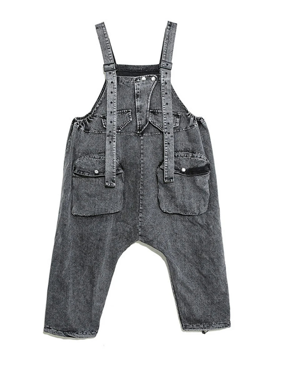 TWOTWINSTYLE Casual Denim Jumpsuit For Women Square Collar Sleeveless High Waist Patchwork Pockets Jumpsuits Female Fashion New